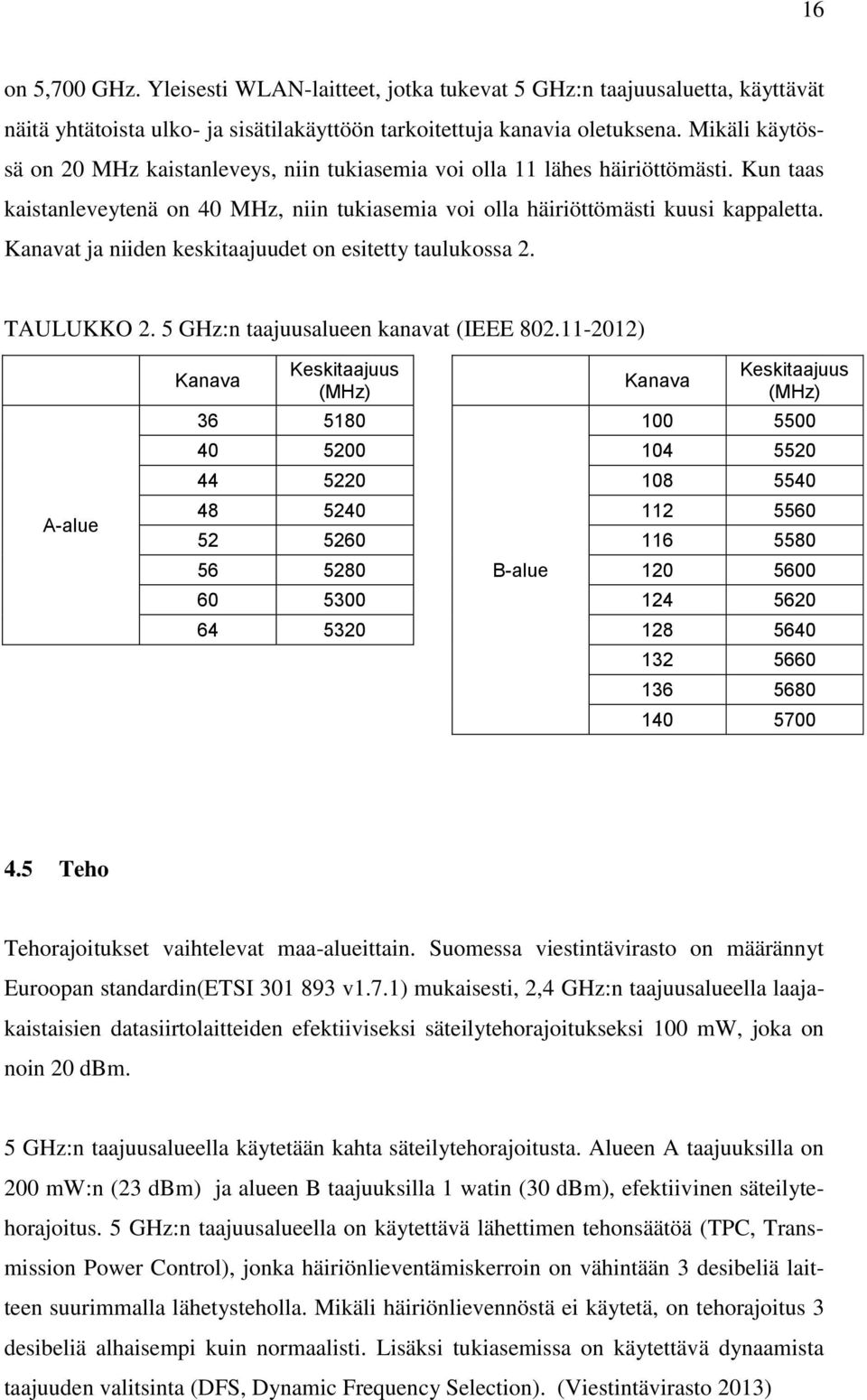 Kanavat ja niiden keskitaajuudet on esitetty taulukossa 2. TAULUKKO 2. 5 GHz:n taajuusalueen kanavat (IEEE 802.