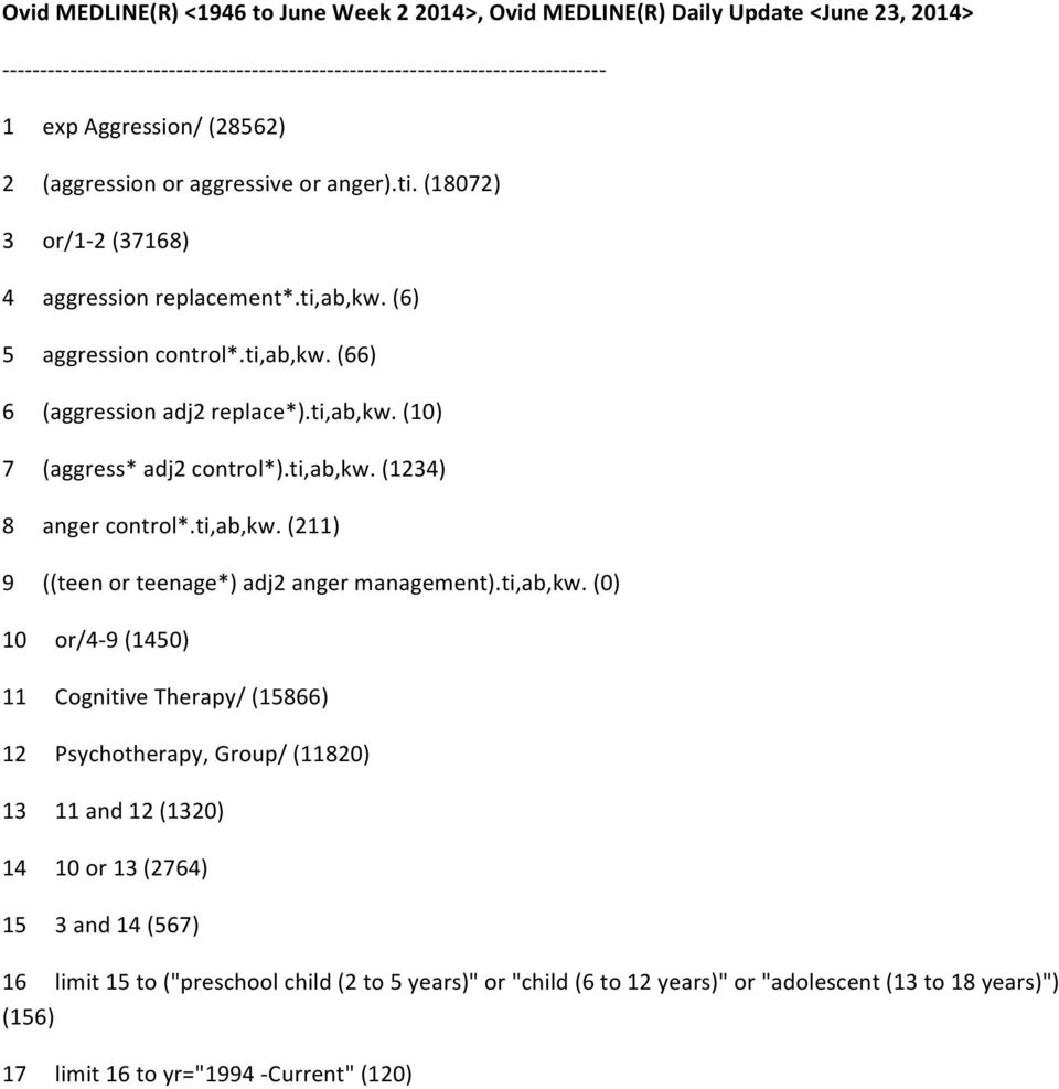 (6) 5 aggression control*.ti,ab,kw. (66) 6 (aggression adj2 replace*).ti,ab,kw. (10) 7 (aggress* adj2 control*).ti,ab,kw. (1234) 8 anger control*.ti,ab,kw. (211) 9 ((teen or teenage*) adj2 anger management).