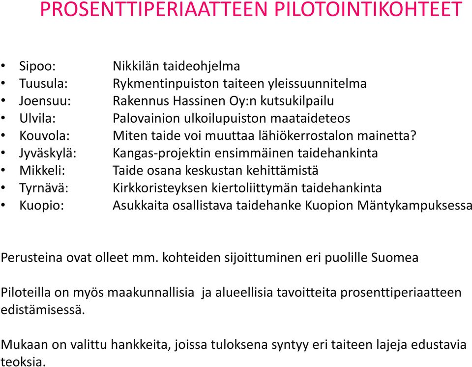 Jyväskylä: Kangas-projektin ensimmäinen taidehankinta Mikkeli: Taide osana keskustan kehittämistä Tyrnävä: Kirkkoristeyksen kiertoliittymän taidehankinta Kuopio: Asukkaita osallistava