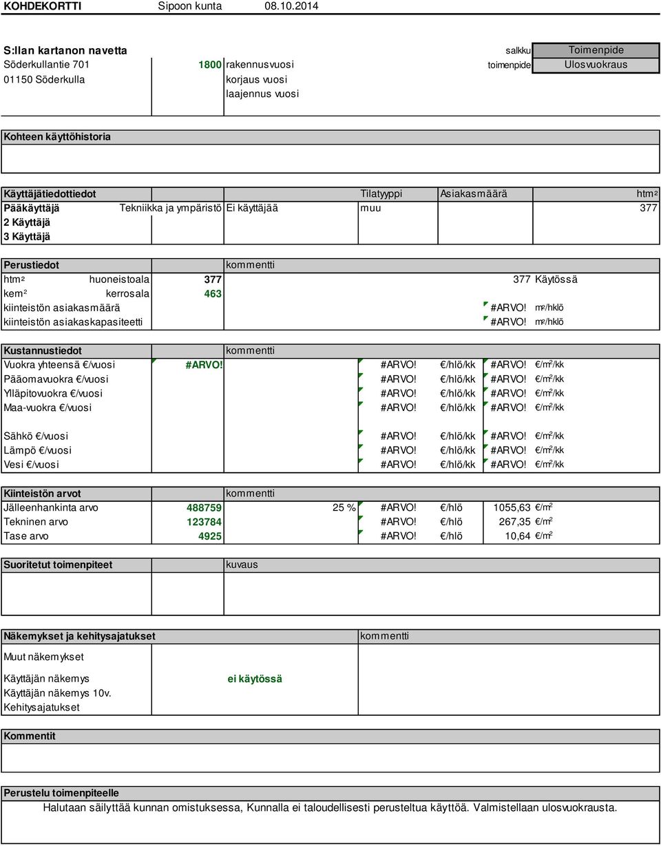Jälleenhankinta arvo 488759 25 % #ARVO! /hlö 1055,63 /m 2 Tekninen arvo 123784 #ARVO! /hlö 267,35 /m 2 Tase arvo 4925 #ARVO!
