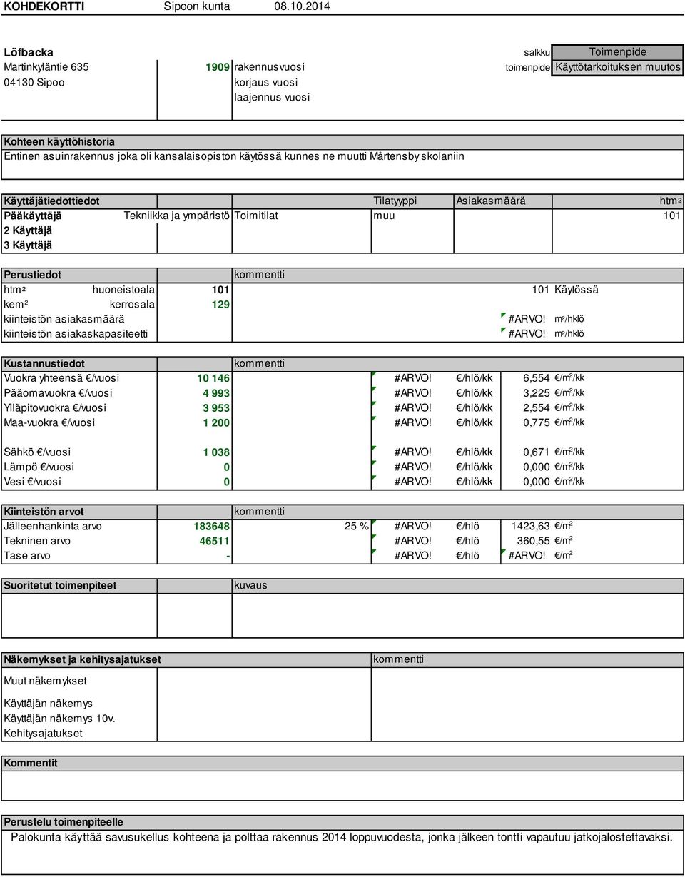 /hlö/kk 6,554 /m 2 /kk Pääomavuokra /vuosi 4 993 #ARVO! /hlö/kk 3,225 /m 2 /kk Ylläpitovuokra /vuosi 3 953 #ARVO! /hlö/kk 2,554 /m 2 /kk Maa-vuokra /vuosi 1 200 #ARVO!