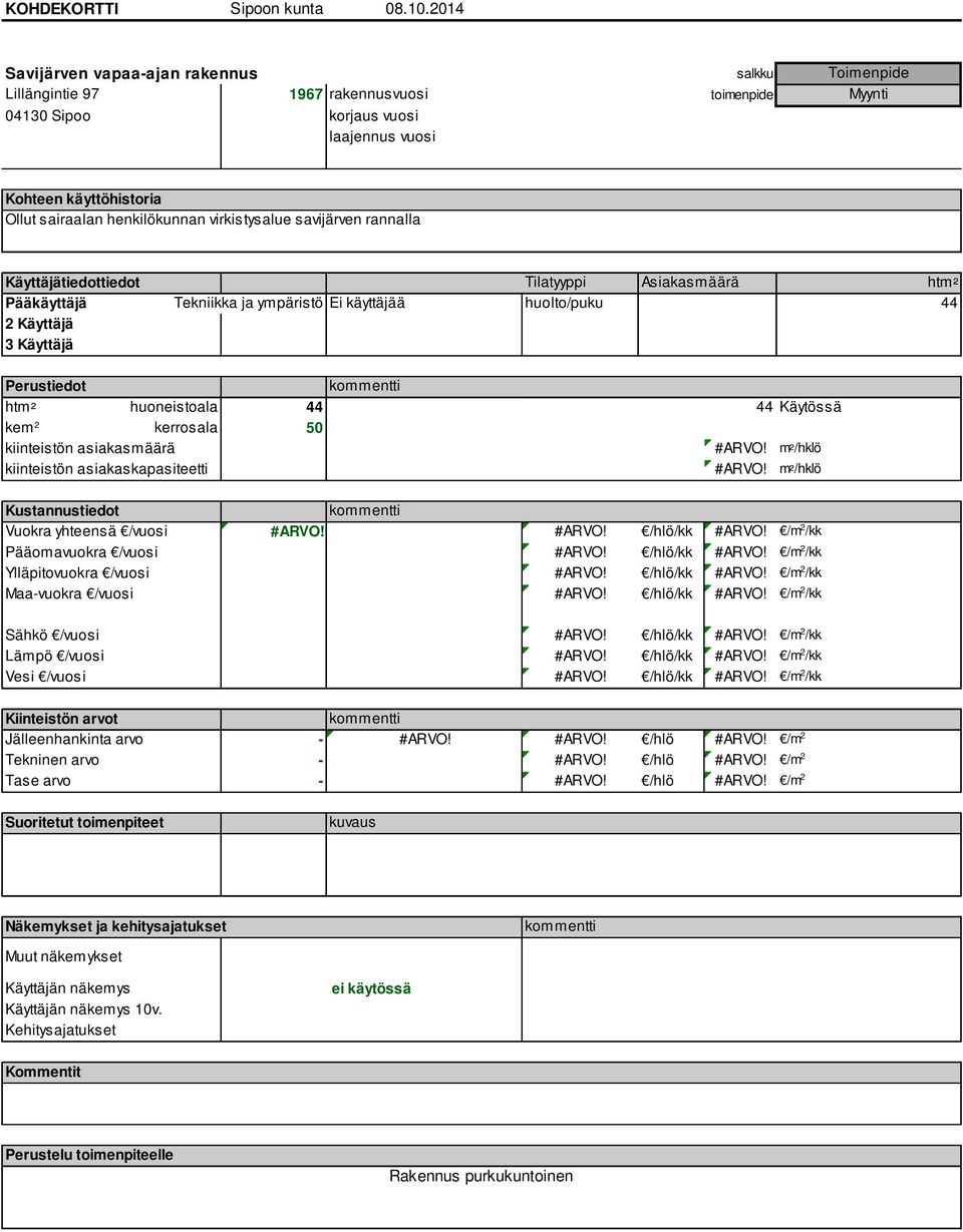 ympäristö Ei käyttäjää huolto/puku 44 htm² huoneistoala 44 44 Käytössä kem 2 kerrosala 50 Jälleenhankinta arvo