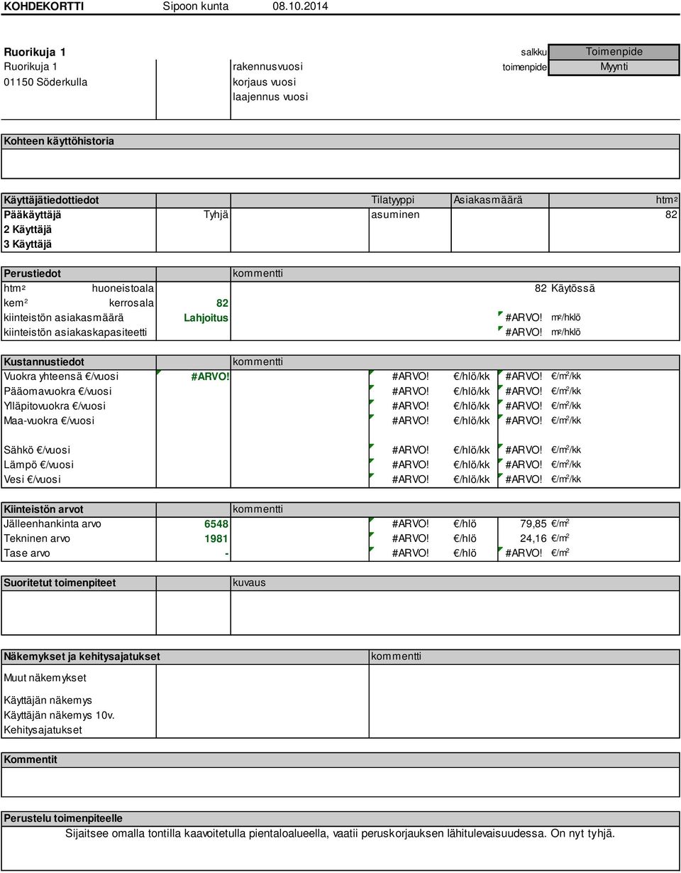 Lahjoitus #ARVO! m²/hklö Jälleenhankinta arvo 6548 #ARVO! /hlö 79,85 /m 2 Tekninen arvo 1981 #ARVO!