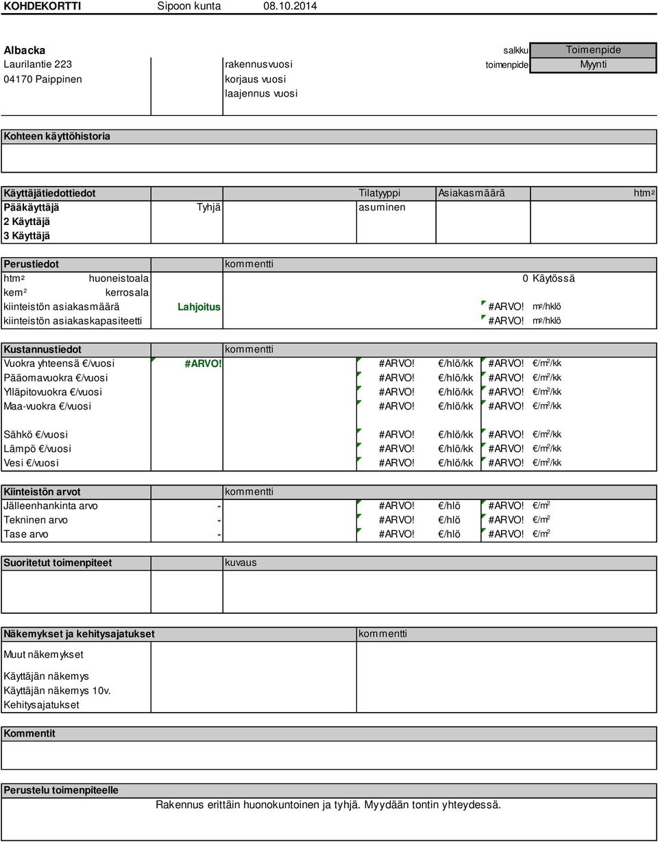 kiinteistön asiakasmäärä Lahjoitus #ARVO! m²/hklö Jälleenhankinta arvo - #ARVO! /hlö #ARVO!