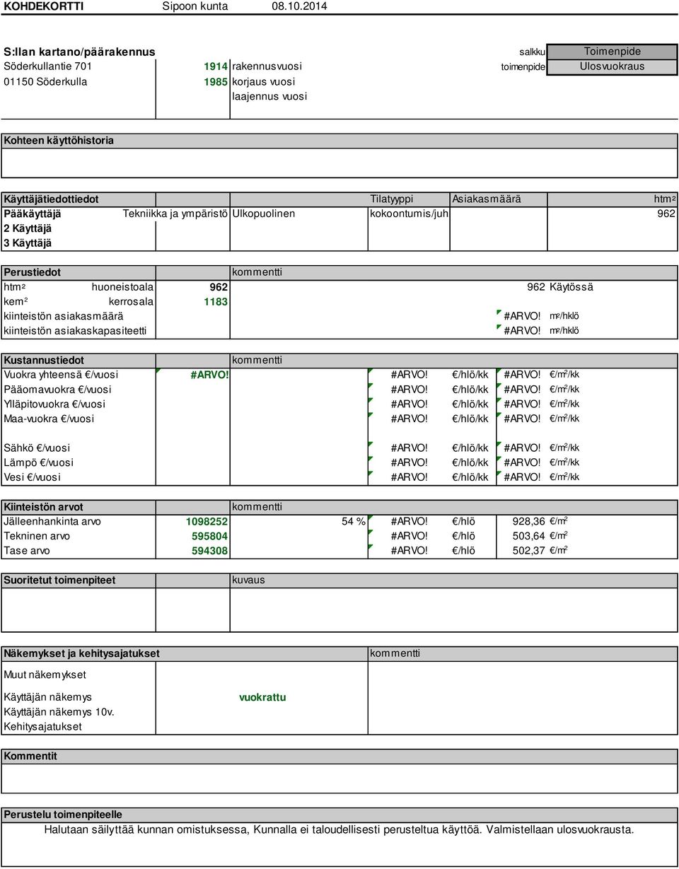Jälleenhankinta arvo 1098252 54 % #ARVO! /hlö 928,36 /m 2 Tekninen arvo 595804 #ARVO! /hlö 503,64 /m 2 Tase arvo 594308 #ARVO!