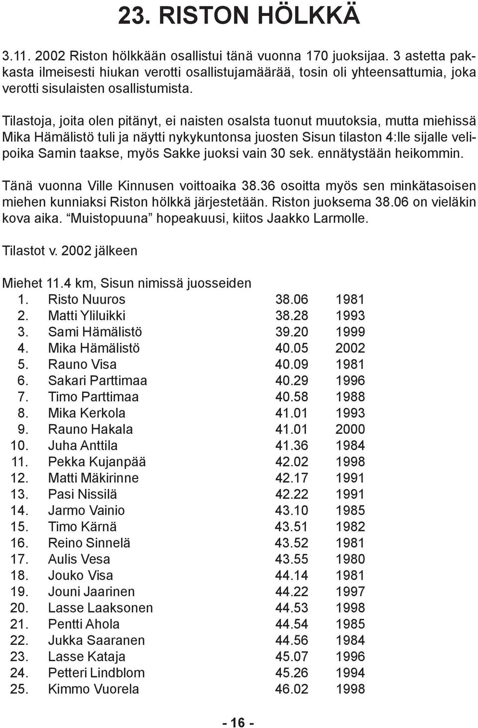 Tilastoja, joita olen pitänyt, ei naisten osalsta tuonut muutoksia, mutta miehissä Mika Hämälistö tuli ja näytti nykykuntonsa juosten Sisun tilaston 4:lle sijalle velipoika Samin taakse, myös Sakke