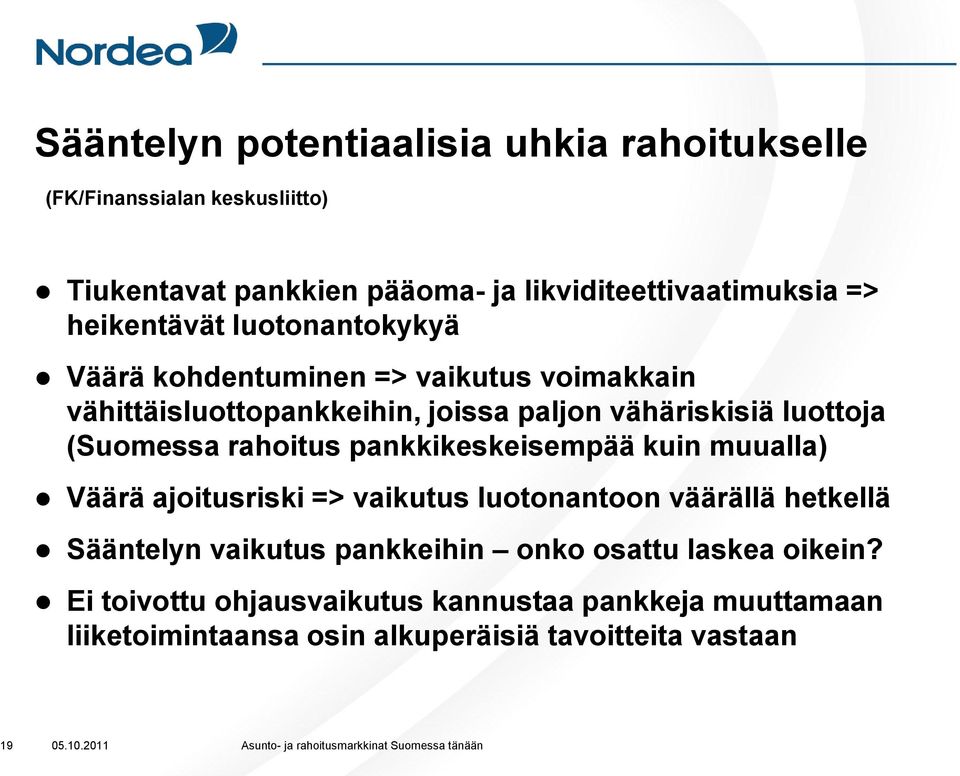 pankkikeskeisempää kuin muualla) Väärä ajoitusriski => vaikutus luotonantoon väärällä hetkellä Sääntelyn vaikutus pankkeihin onko osattu laskea oikein?