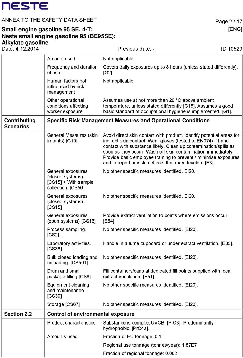 Covers daily exposures up to 8 hours (unless stated differently). [G2]. Not applicable. Assumes use at not more than 20 C above ambient temperature, unless stated differently [G15].