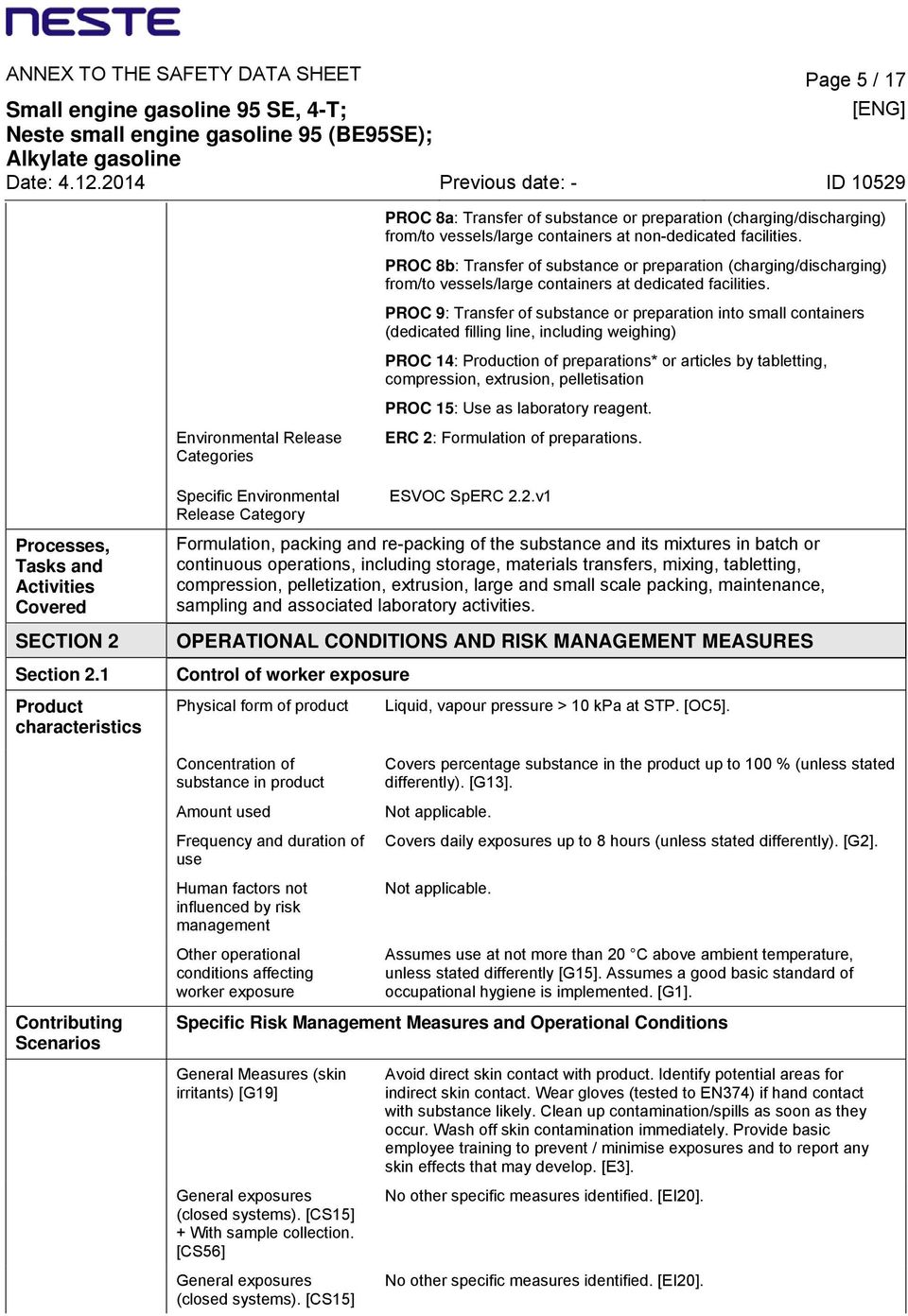 PROC 9: Transfer of substance or preparation into small containers (dedicated filling line, including weighing) PROC 14: Production of preparations* or articles by tabletting, compression, extrusion,