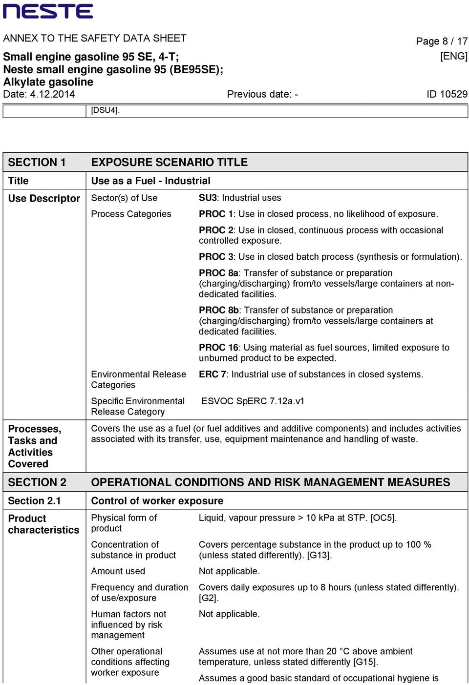 1 Product characteristics Process Categories Environmental Release Categories Specific Environmental Release Category PROC 1: Use in closed process, no likelihood of exposure.