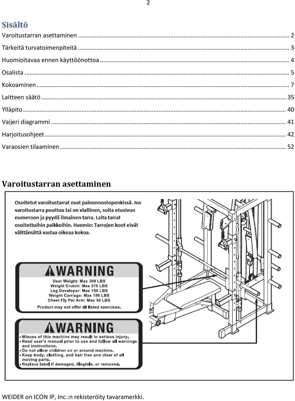 .. 7 Laitteen säätö... 35 Ylläpito... 40 Vaijeri diagrammi... 41 Harjoitusohjeet.