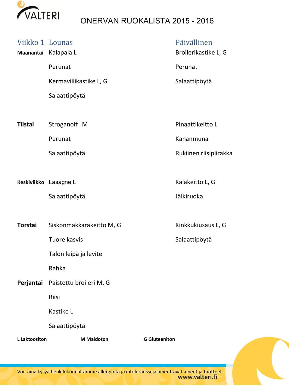 Rukiinen riisipiirakka Keskiviikko Lasagne L Kalakeitto L, G Torstai