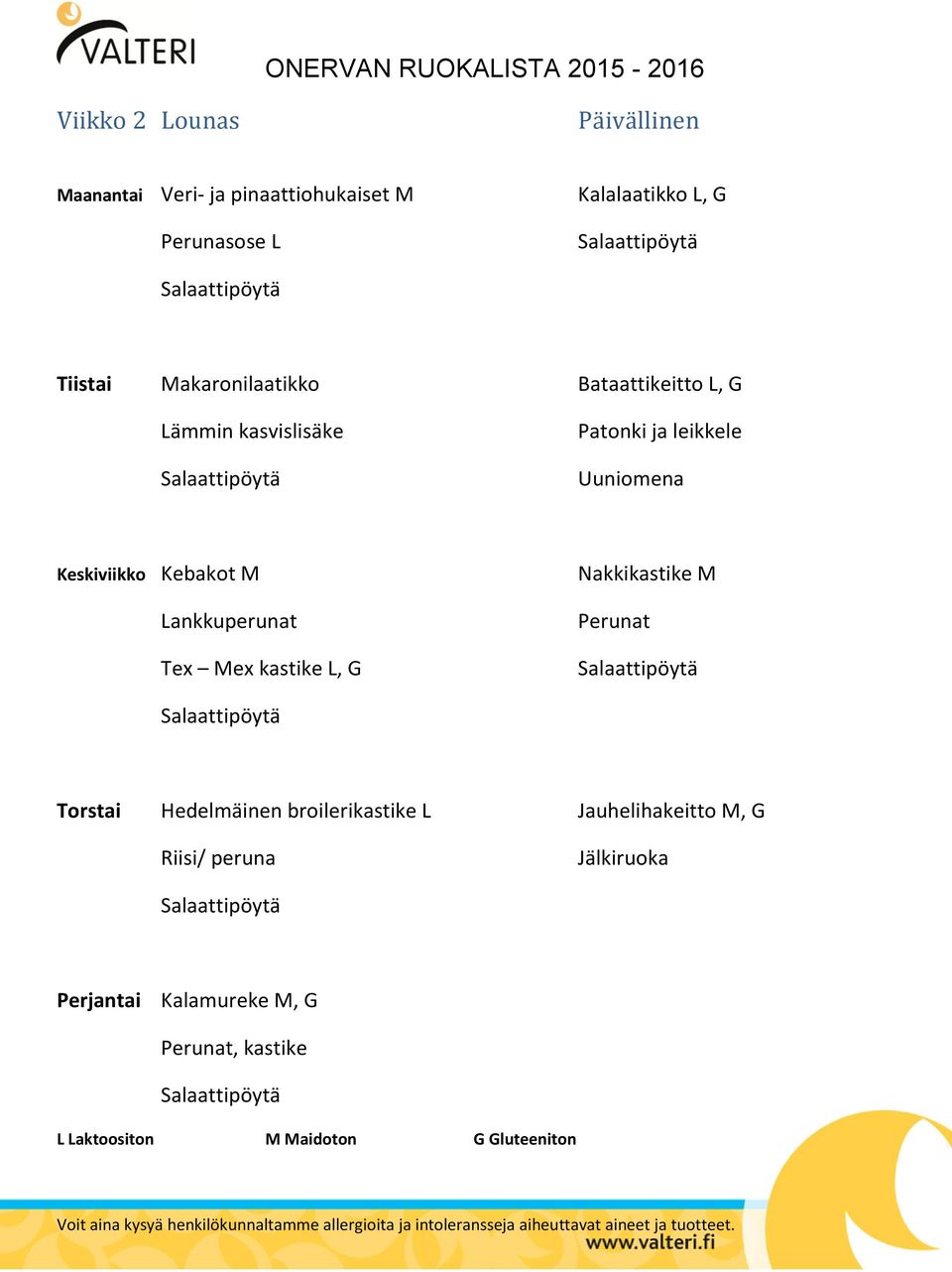 Keskiviikko Kebakot M Lankkuperunat Tex Mex kastike L, G Nakkikastike M Torstai