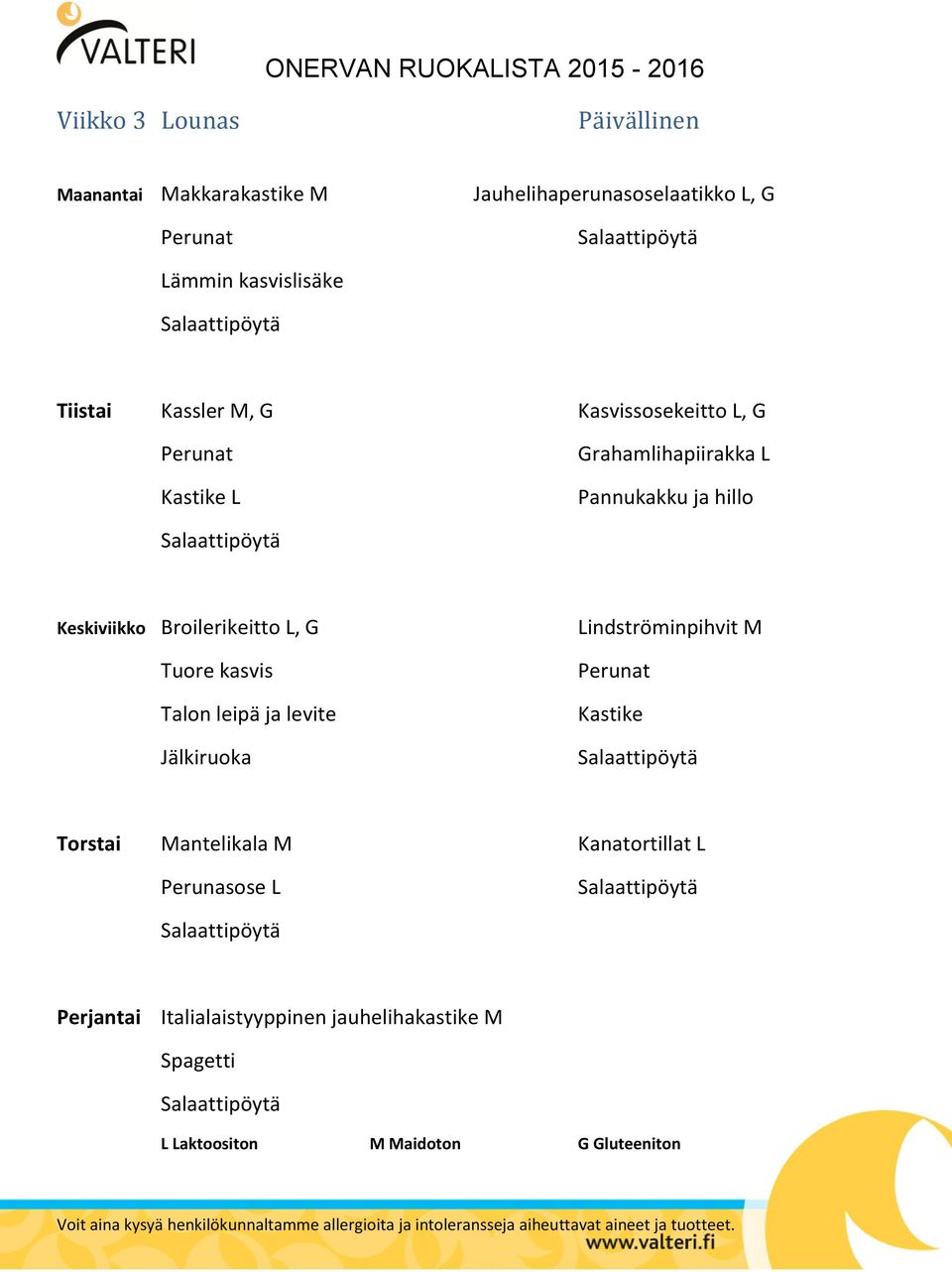 Pannukakku ja hillo Keskiviikko Broilerikeitto L, G Lindströminpihvit M Kastike