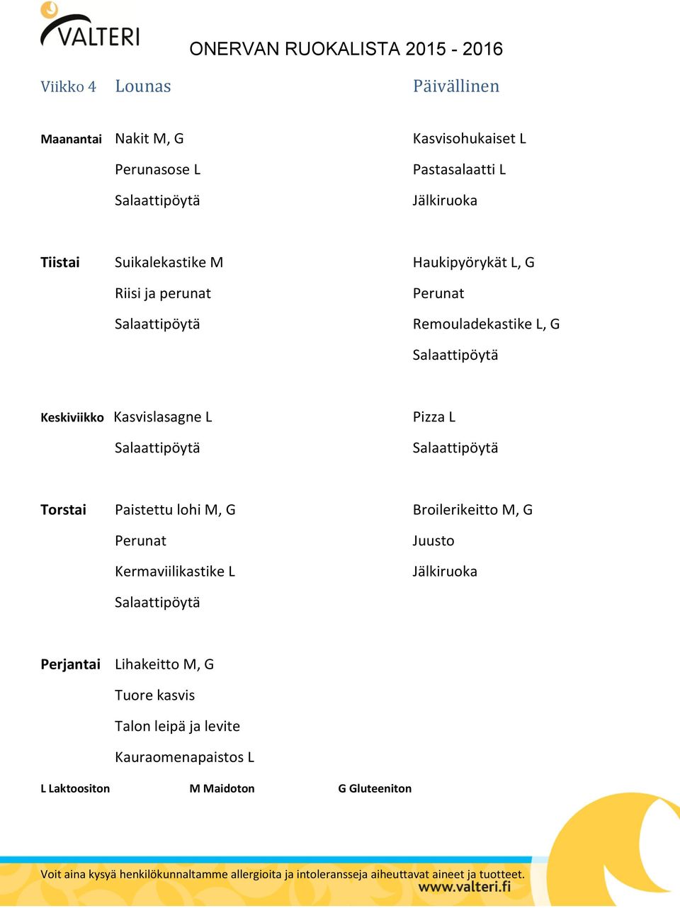 L, G Keskiviikko Kasvislasagne L Pizza L Torstai Paistettu lohi M, G