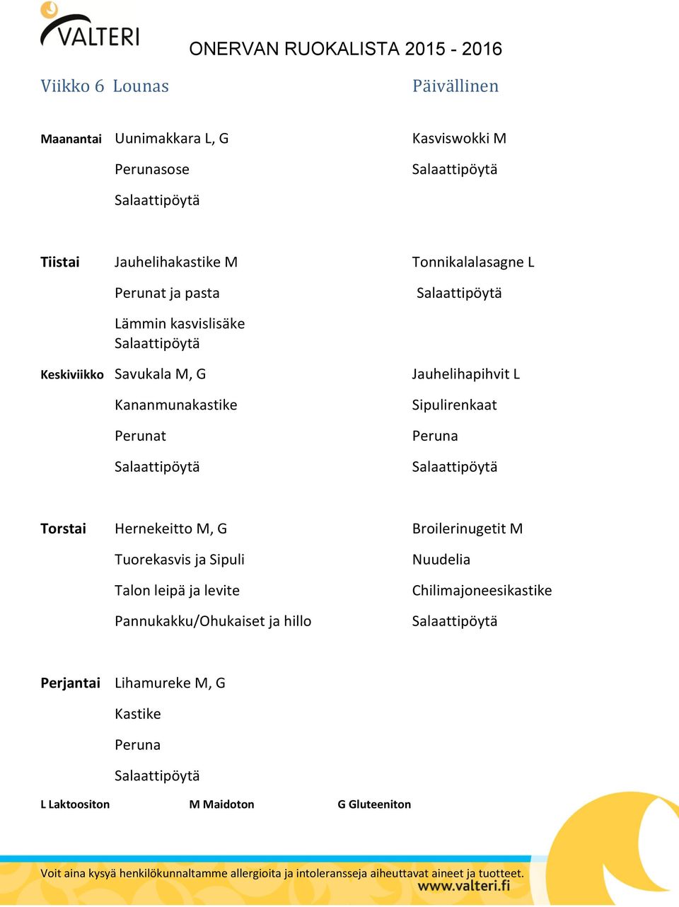 Jauhelihapihvit L Sipulirenkaat Peruna Torstai Hernekeitto M, G Broilerinugetit M Tuorekasvis ja