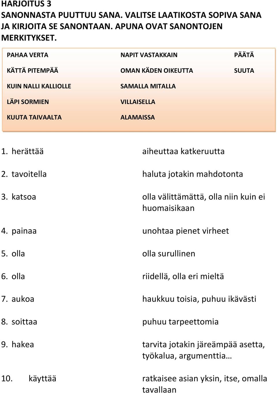 herättää aiheuttaa katkeruutta 2. tavoitella haluta jotakin mahdotonta 3. katsoa olla välittämättä, olla niin kuin ei huomaisikaan 4. painaa unohtaa pienet virheet 5.