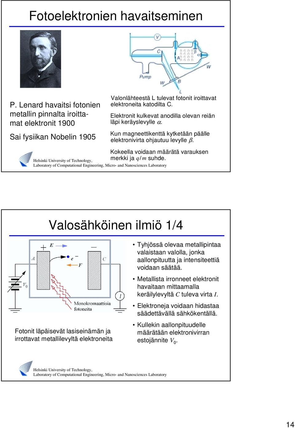 Valosähköinen ilmiö 1/4 Fotonit läpäisevät lasiseinämän ja irrottavat metallilevyltä elektroneita Tyhjössä olevaa metallipintaa valaistaan valolla, jonka aallonpituutta ja intensiteettiä voidaan