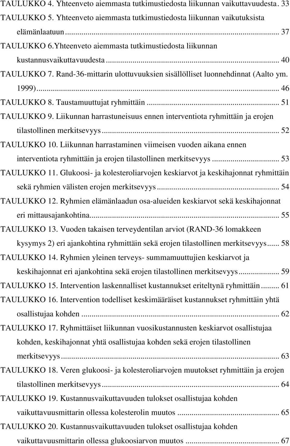 Taustamuuttujat ryhmittäin... 51 TAULUKKO 9. Liikunnan harrastuneisuus ennen interventiota ryhmittäin ja erojen tilastollinen merkitsevyys... 52 TAULUKKO 10.