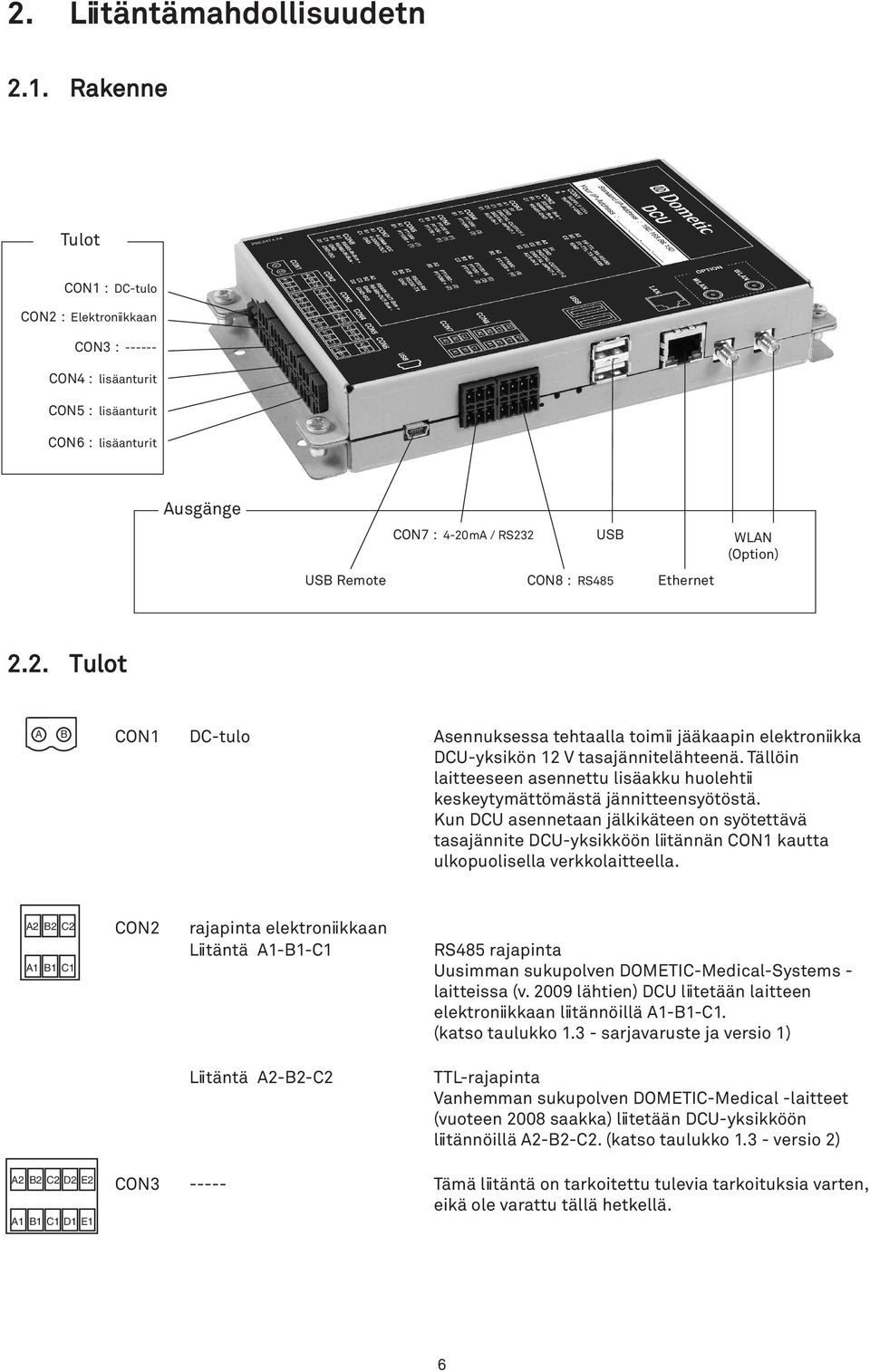 Ethernet 2.2. Tulot A B A B C1 CON1 DC-tulo Asennuksessa tehtaalla toimii jääkaapin elektroniikka DCU-yksikön 12 V tasajännitelähteenä.