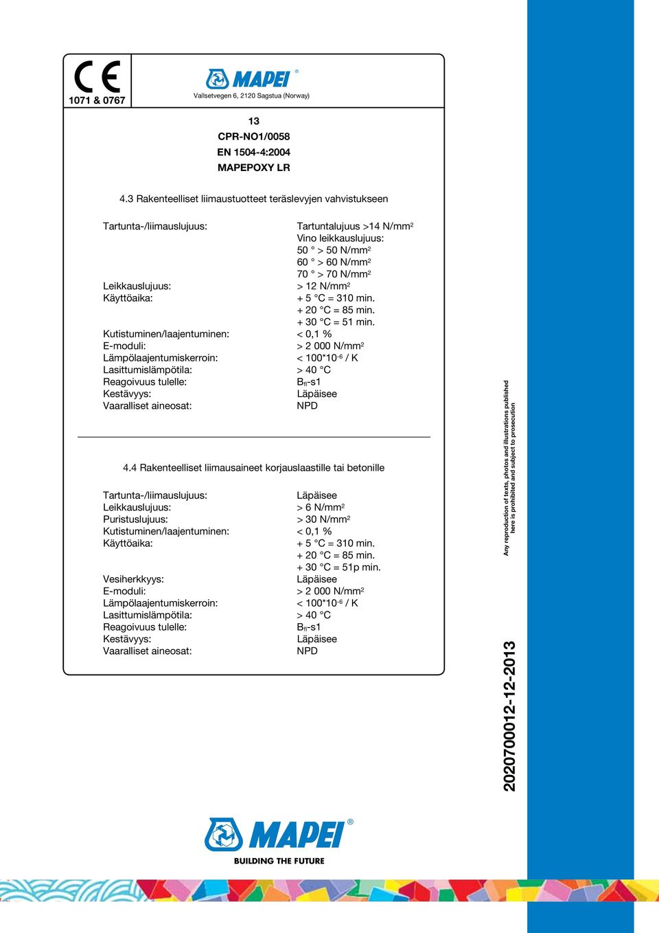 N/mm 2 Käyttöaika: + 5 C = 310 min. + 20 C = 85 min. + 30 C = 51 min.