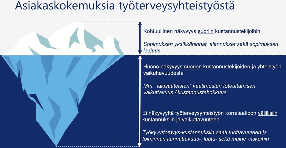 lakisääteisten vaatimusten toteuttamisen vaikuttavuus / kustannustehokkuus Ei näkyvyyttä työterveysyhteistyön korrelaatioon