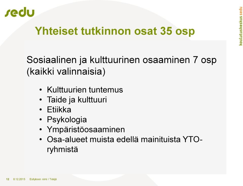 ja kulttuuri Etiikka Psykologia Ympäristöosaaminen Osa-alueet