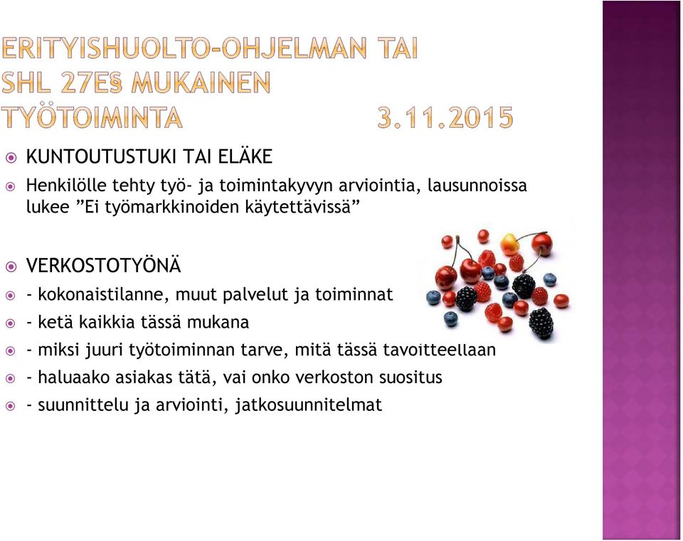 - ketä kaikkia tässä mukana - miksi juuri työtoiminnan tarve, mitä tässä tavoitteellaan -