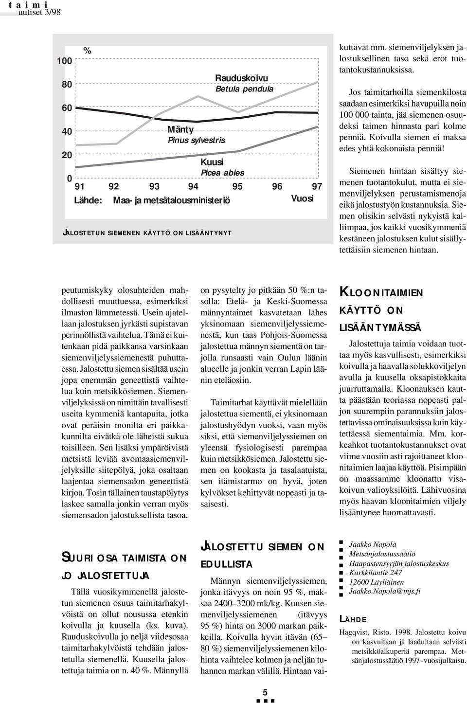 Koivulla hyvin itävän (65 80 %) siemenviljelyssiemenen kilohinta vaihtelee kolmen ja neljän tuhannen markan välillä. Hintaan vaikuttavat mm.