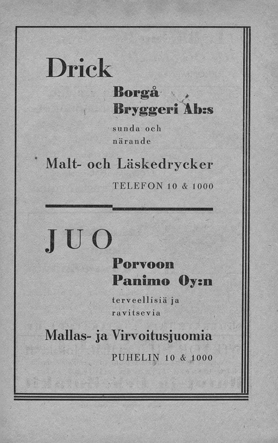 Porvoon Panimo Oy:n j terveellisiä ja