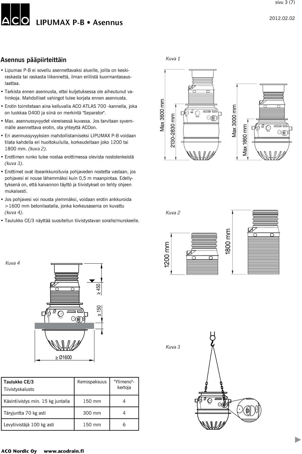 Erotin toimitetaan aina kelluvalla ACO Atlas 700 -kannella, joka on luokkaa D400 ja siinä on merkintä "Separator". Max. asennussyvyydet viereisessä kuvassa.