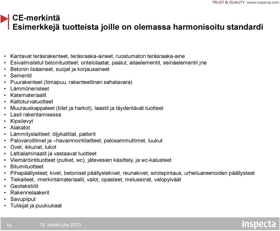 Muurauskappaleet (tiilet ja harkot), laastit ja täydentävät tuotteet Lasit rakentamisessa Kipsilevyt Alakatot Lämmityslaitteet; öljykattilat, patterit Palovaroittimet ja havainnointilaitteet,