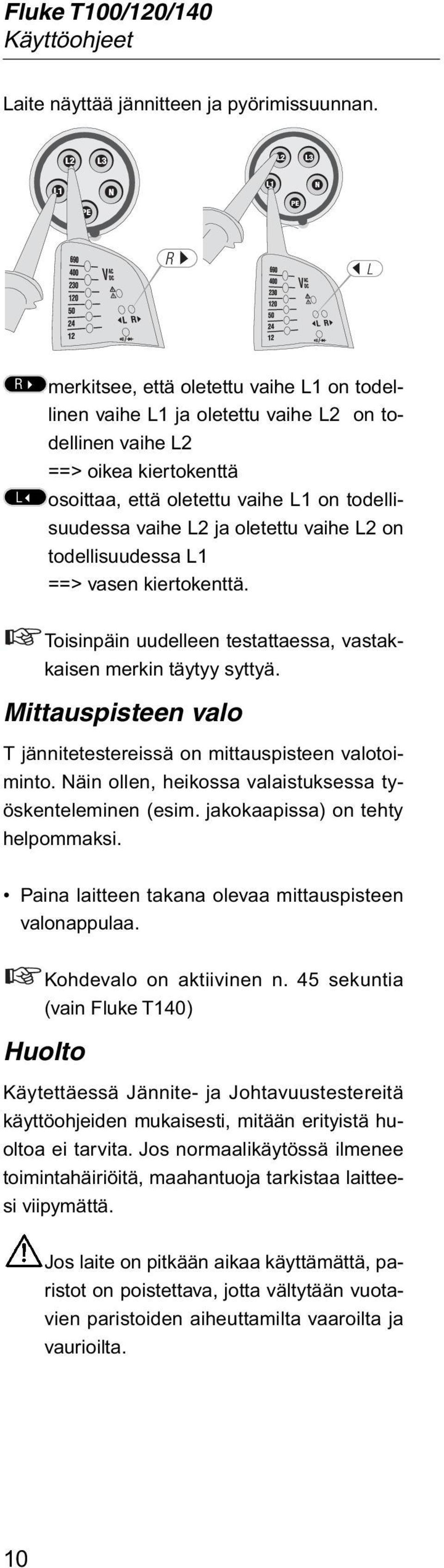 todellisuudessa vaihe L2 ja oletettu vaihe L2 on todellisuudessa L1 ==> vasen kiertokenttä. Toisinpäin uudelleen testattaessa, vastakkaisen merkin täytyy syttyä.