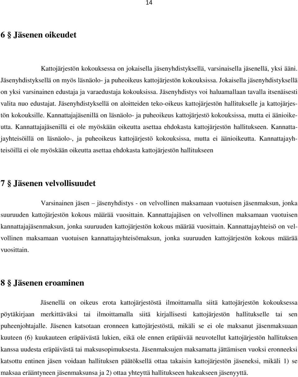 Jäsenyhdistyksellä on aloitteiden teko-oikeus kattojärjestön hallitukselle ja kattojärjestön kokouksille.