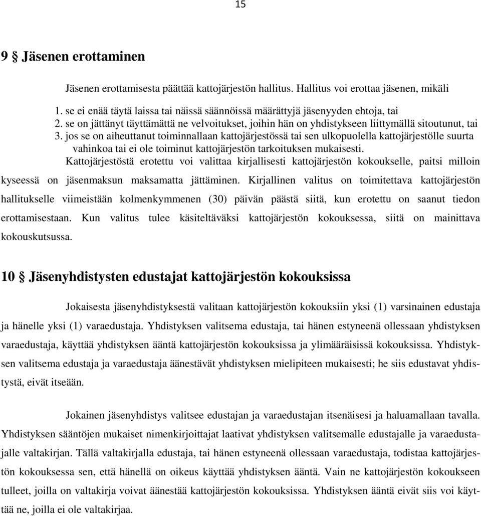 jos se on aiheuttanut toiminnallaan kattojärjestössä tai sen ulkopuolella kattojärjestölle suurta vahinkoa tai ei ole toiminut kattojärjestön tarkoituksen mukaisesti.