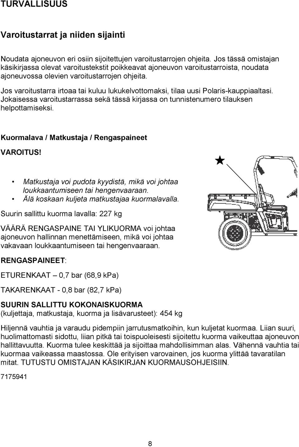 Jos varoitustarra irtoaa tai kuluu lukukelvottomaksi, tilaa uusi Polaris-kauppiaaltasi. Jokaisessa varoitustarrassa sekä tässä kirjassa on tunnistenumero tilauksen helpottamiseksi.