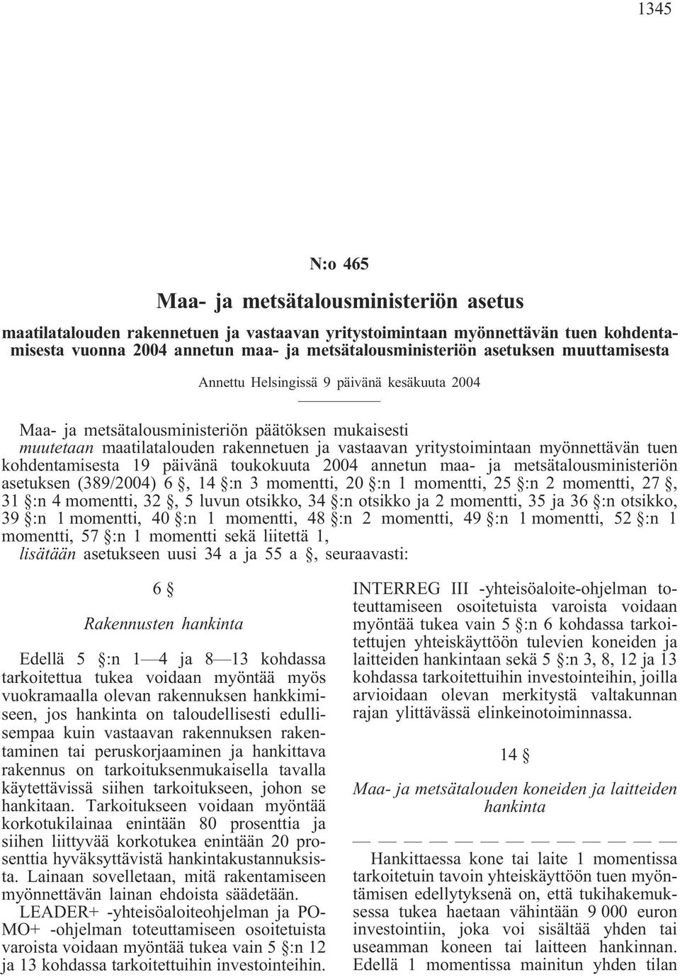 myönnettävän tuen kohdentamisesta 19 päivänä toukokuuta 2004 annetun maa- ja metsätalousministeriön asetuksen (389/2004) 6, 14 :n 3 momentti, 20 :n 1 momentti, 25 :n 2 momentti, 27, 31 :n 4 momentti,