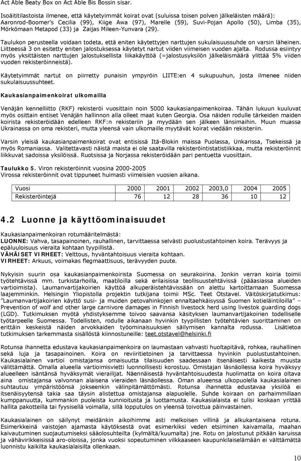 (35), Mörkömaan Metapod (33) ja Zaijas Mileen-Yunvara (29). Taulukon perusteella voidaan todeta, että eniten käytettyjen narttujen sukulaisuussuhde on varsin läheinen.