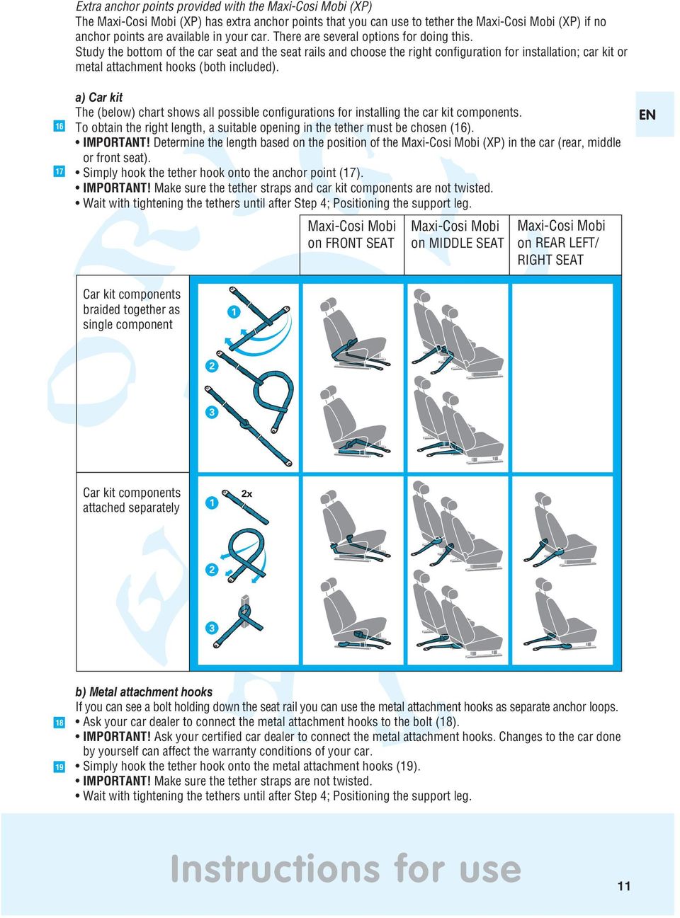 a) Car kit The (below) chart shows all possible configurations for installing the car kit components. To obtain the right length, a suitable opening in the tether must be chosen (6). IMPORTANT!