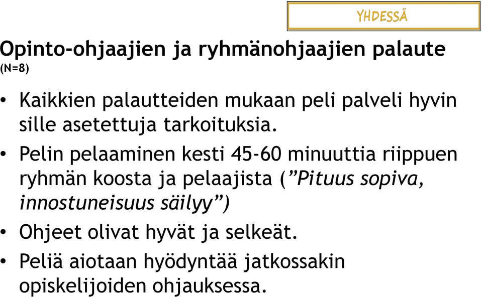 Pelin pelaaminen kesti 45-60 minuuttia riippuen ryhmän koosta ja pelaajista ( Pituus