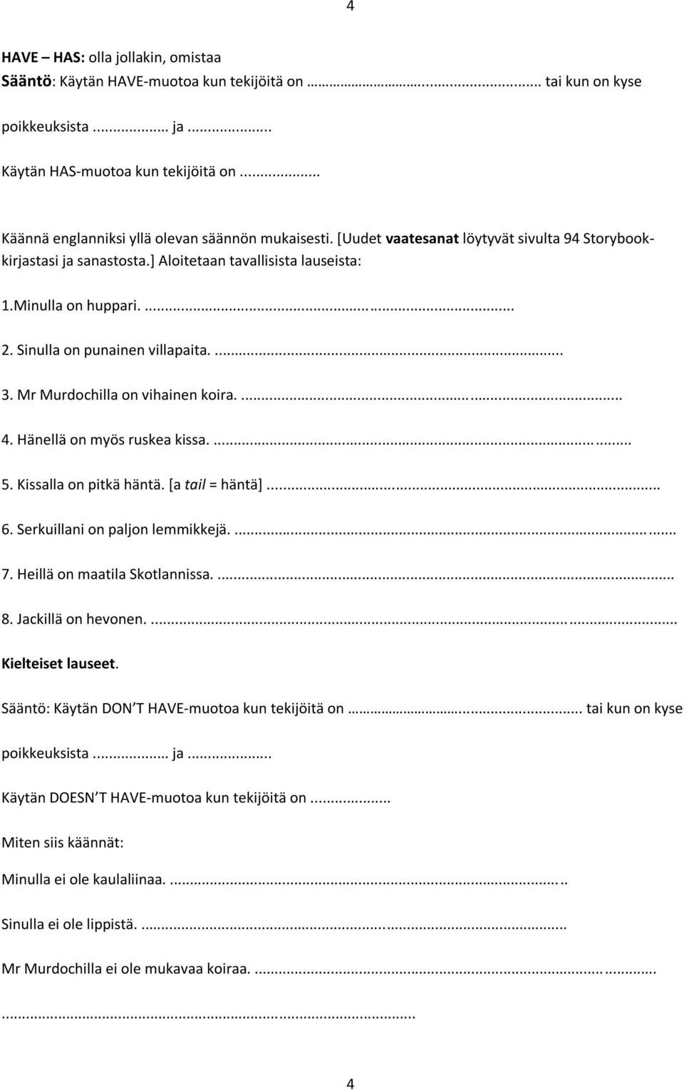 Sinulla on punainen villapaita.... 3. Mr Murdochilla on vihainen koira.... 4. Hänellä on myös ruskea kissa.... 5. Kissalla on pitkä häntä. [a tail = häntä]... 6. Serkuillani on paljon lemmikkejä.... 7.