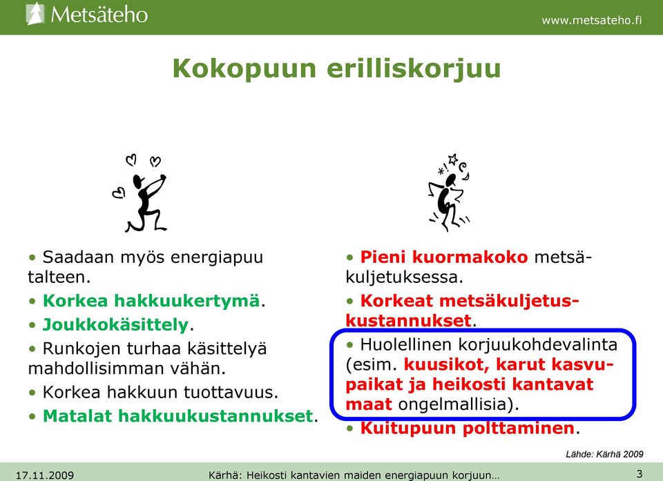 Pieni kuormakoko metsäkuljetuksessa. Korkeat metsäkuljetuskustannukset.