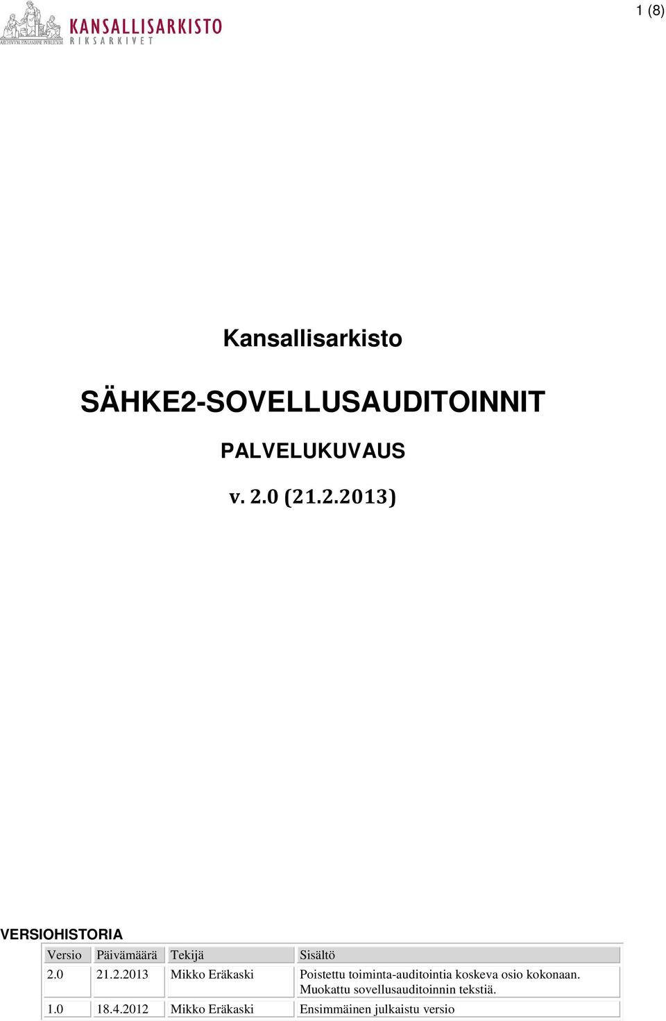 0 (21.2.2013) VERSIOHISTORIA Versio Päivämäärä Tekijä Sisältö 2.0 21.2.2013 Mikko Eräkaski Poistettu toiminta-auditointia koskeva osio kokonaan.