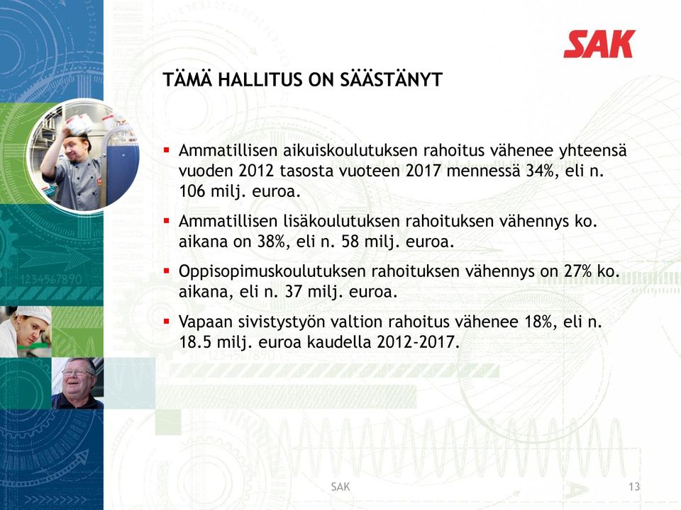 aikana on 38%, eli n. 58 milj. euroa. Oppisopimuskoulutuksen rahoituksen vähennys on 27% ko. aikana, eli n.