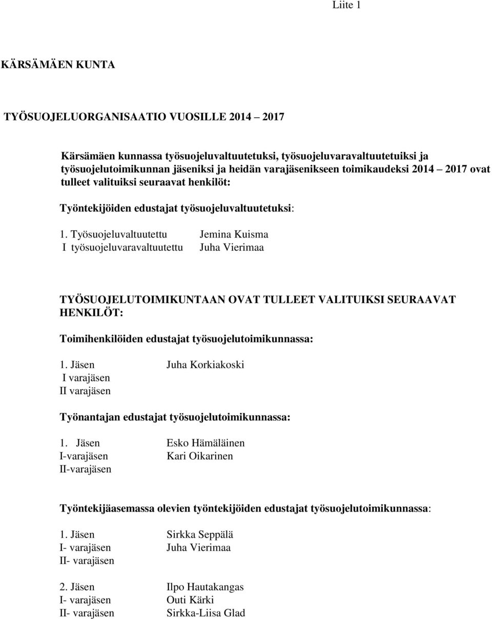 Työsuojeluvaltuutettu Jemina Kuisma I työsuojeluvaravaltuutettu Juha Vierimaa TYÖSUOJELUTOIMIKUNTAAN OVAT TULLEET VALITUIKSI SEURAAVAT HENKILÖT: Toimihenkilöiden edustajat työsuojelutoimikunnassa: 1.