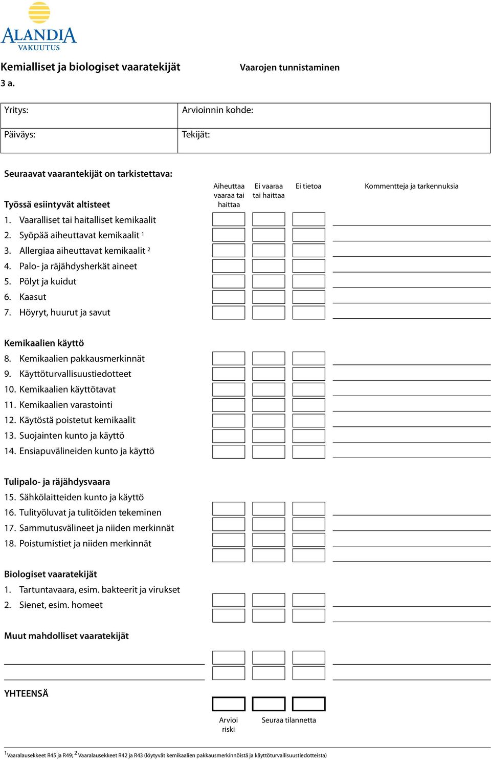 Kommentteja ja tarkennuksia 1. Vaaralliset tai haitalliset kemikaalit 2. Syöpää aiheuttavat kemikaalit 1 3. Allergiaa aiheuttavat kemikaalit 2 4. Palo- ja räjähdysherkät aineet 5. Pölyt ja kuidut 6.