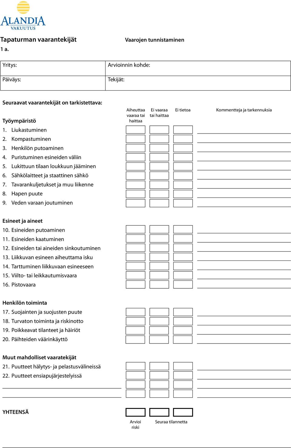 tarkennuksia 1. Liukastuminen 2. Kompastuminen 3. Henkilön putoaminen 4. Puristuminen esineiden väliin 5. Lukittuun tilaan loukkuun jääminen 6. Sähkölaitteet ja staattinen sähkö 7.