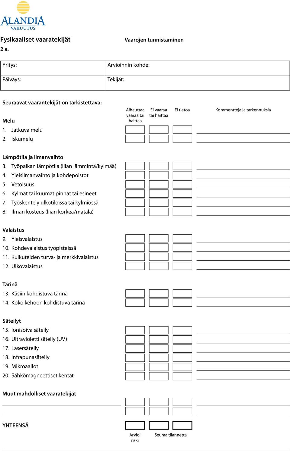 tarkennuksia 1. Jatkuva melu 2. Iskumelu Lämpötila ja ilmanvaihto 3. Työpaikan lämpötila (liian lämmintä/kylmää) 4. Yleisilmanvaihto ja kohdepoistot 5. Vetoisuus 6.