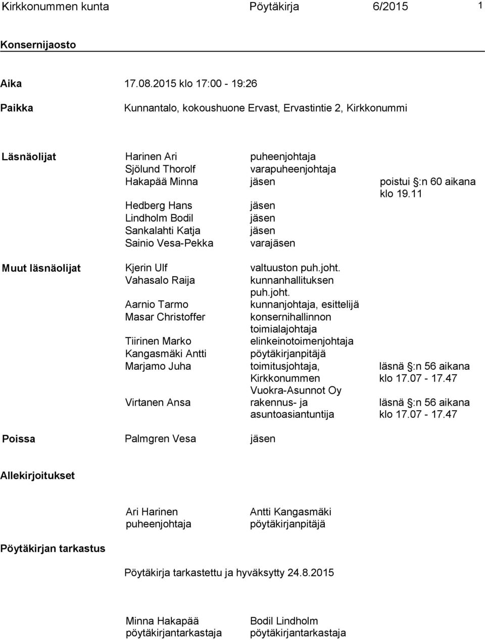 klo 19.11 Hedberg Hans jäsen Lindholm Bodil jäsen Sankalahti Katja jäsen Sainio Vesa-Pekka varajäsen Muut läsnäolijat Kjerin Ulf valtuuston puh.joht.