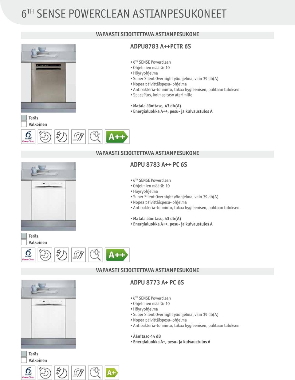 ASTIANPESUKONE ADPU 8783 A++ PC 6S Matala äänitaso, 43 db(a) Energialuokka A++, pesu- ja kuivaustulos A Teräs Valkoinen